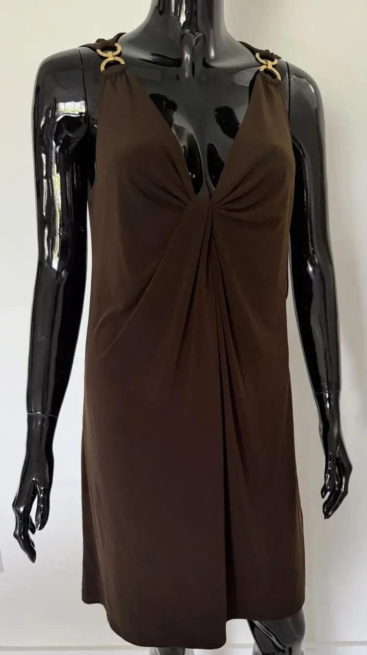 Michael Michael Kors Dress M Brown Gold Logo Ring Draped V Neck Sleeveless